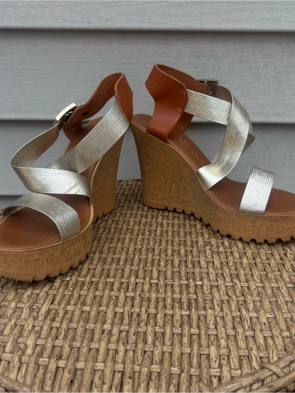 Italian Shoemakers Silver and Brown Cork Wedge Sandals